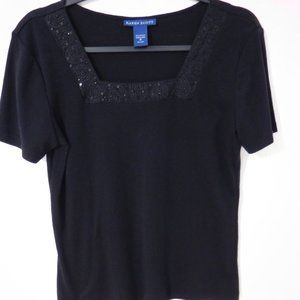 Karen Scott Black Short Sleeve Sequin Neckline Top Size Small